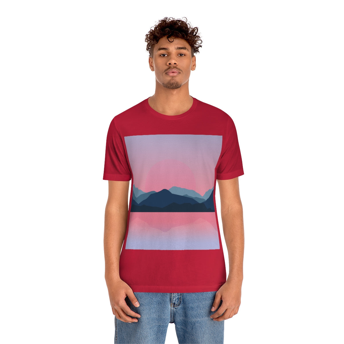 Landscape Mountains Nature Watercolor Sunset Water Unisex Jersey Short Sleeve T-Shirt Ichaku [Perfect Gifts Selection]