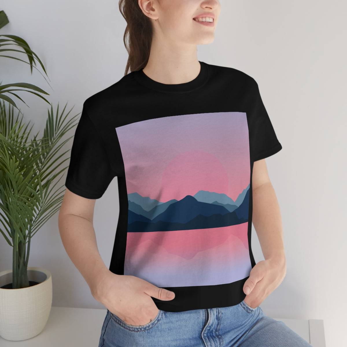 Landscape Mountains Nature Watercolor Sunset Water Unisex Jersey Short Sleeve T-Shirt Ichaku [Perfect Gifts Selection]