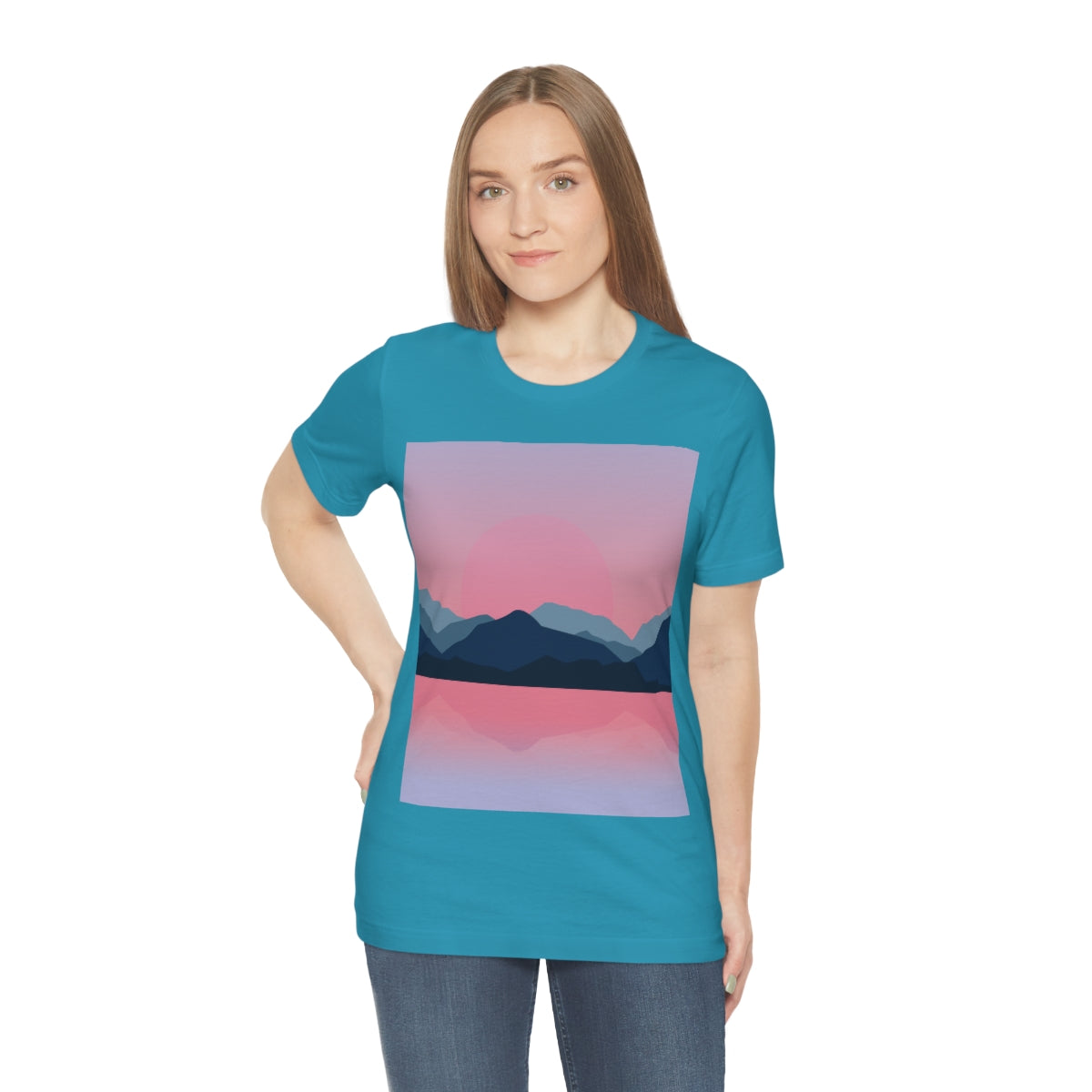 Landscape Mountains Nature Watercolor Sunset Water Unisex Jersey Short Sleeve T-Shirt Ichaku [Perfect Gifts Selection]