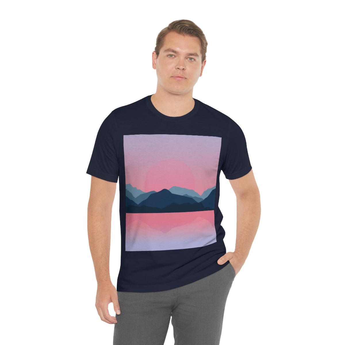 Landscape Mountains Nature Watercolor Sunset Water Unisex Jersey Short Sleeve T-Shirt Ichaku [Perfect Gifts Selection]