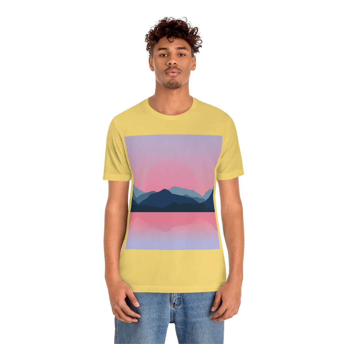 Landscape Mountains Nature Watercolor Sunset Water Unisex Jersey Short Sleeve T-Shirt Ichaku [Perfect Gifts Selection]