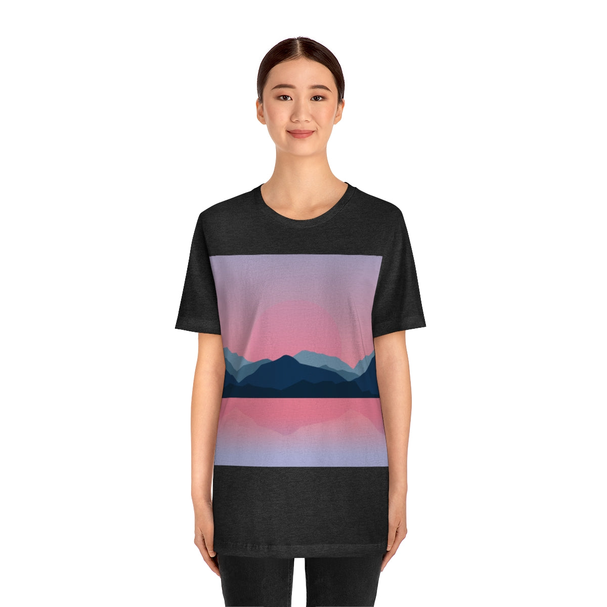 Landscape Mountains Nature Watercolor Sunset Water Unisex Jersey Short Sleeve T-Shirt Ichaku [Perfect Gifts Selection]