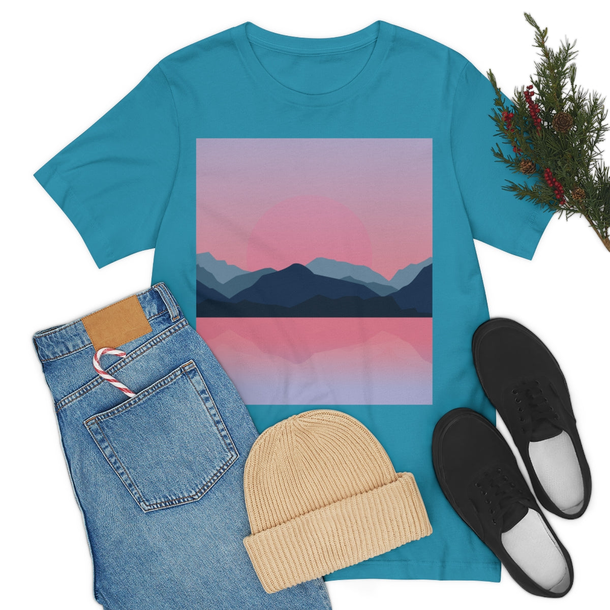 Landscape Mountains Nature Watercolor Sunset Water Unisex Jersey Short Sleeve T-Shirt Ichaku [Perfect Gifts Selection]