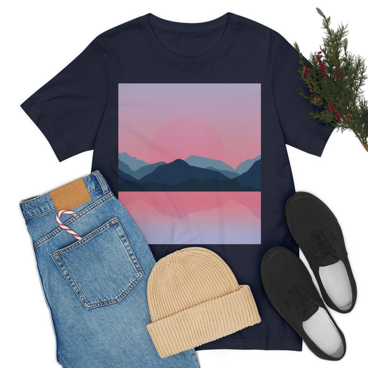 Landscape Mountains Nature Watercolor Sunset Water Unisex Jersey Short Sleeve T-Shirt Ichaku [Perfect Gifts Selection]