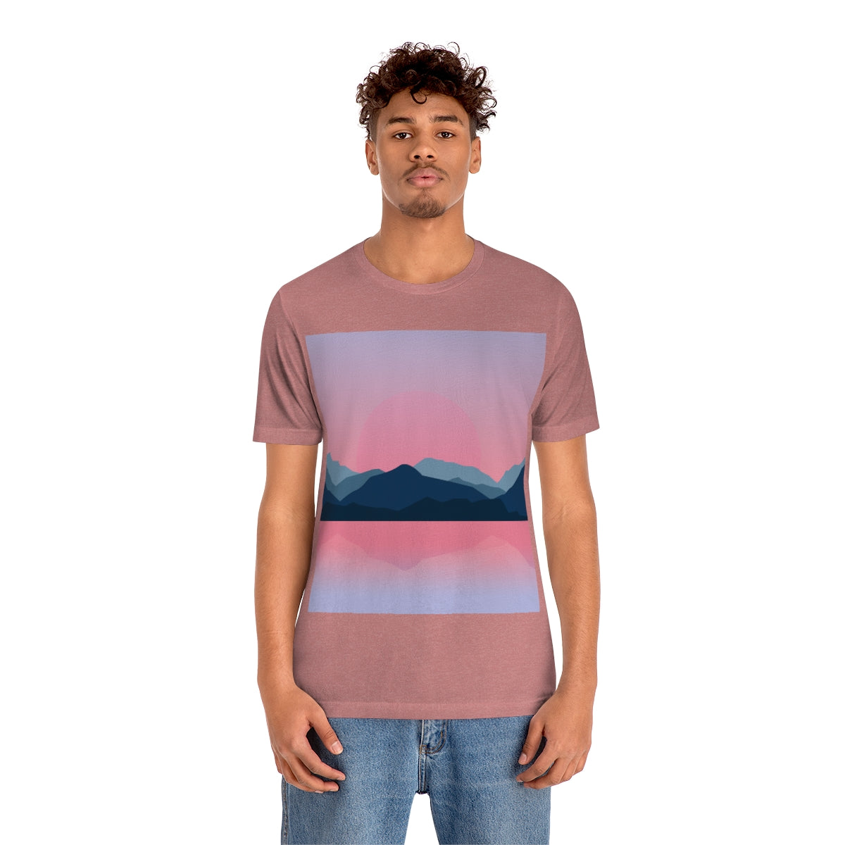 Landscape Mountains Nature Watercolor Sunset Water Unisex Jersey Short Sleeve T-Shirt Ichaku [Perfect Gifts Selection]