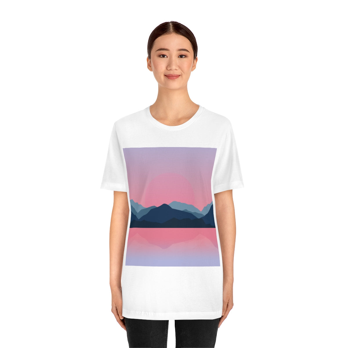 Landscape Mountains Nature Watercolor Sunset Water Unisex Jersey Short Sleeve T-Shirt Ichaku [Perfect Gifts Selection]