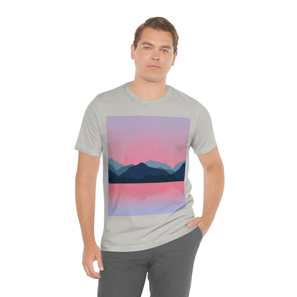 Landscape Mountains Nature Watercolor Sunset Water Unisex Jersey Short Sleeve T-Shirt Ichaku [Perfect Gifts Selection]