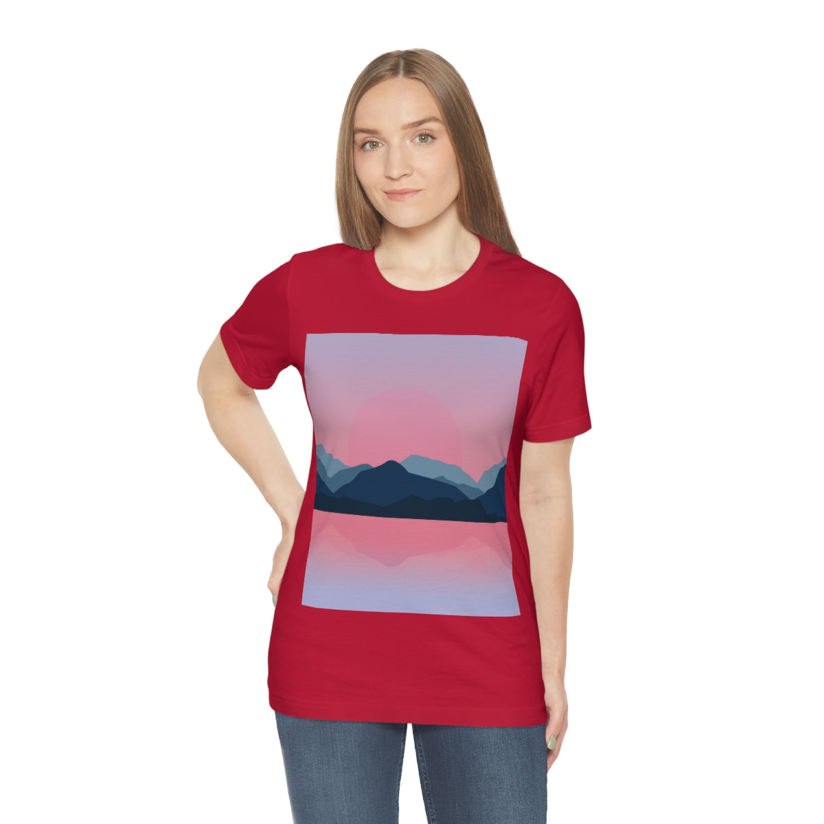 Landscape Mountains Nature Watercolor Sunset Water Unisex Jersey Short Sleeve T-Shirt Ichaku [Perfect Gifts Selection]