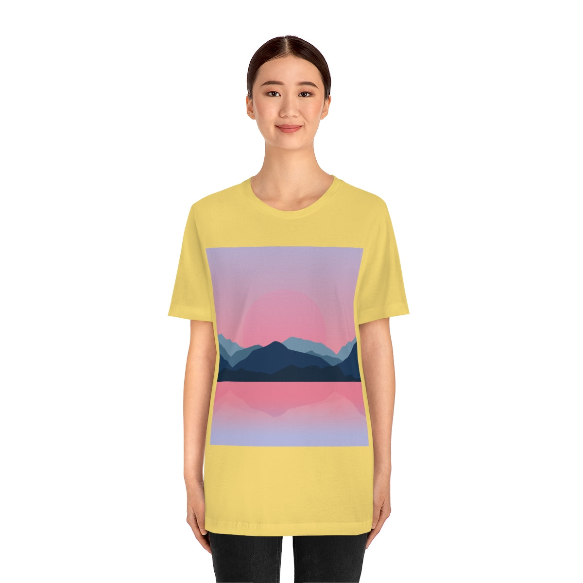 Landscape Mountains Nature Watercolor Sunset Water Unisex Jersey Short Sleeve T-Shirt Ichaku [Perfect Gifts Selection]