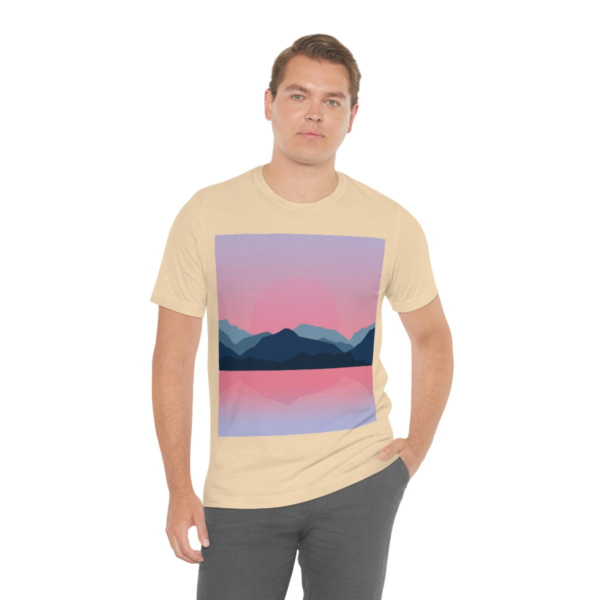 Landscape Mountains Nature Watercolor Sunset Water Unisex Jersey Short Sleeve T-Shirt Ichaku [Perfect Gifts Selection]