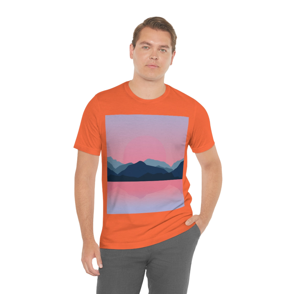 Landscape Mountains Nature Watercolor Sunset Water Unisex Jersey Short Sleeve T-Shirt Ichaku [Perfect Gifts Selection]