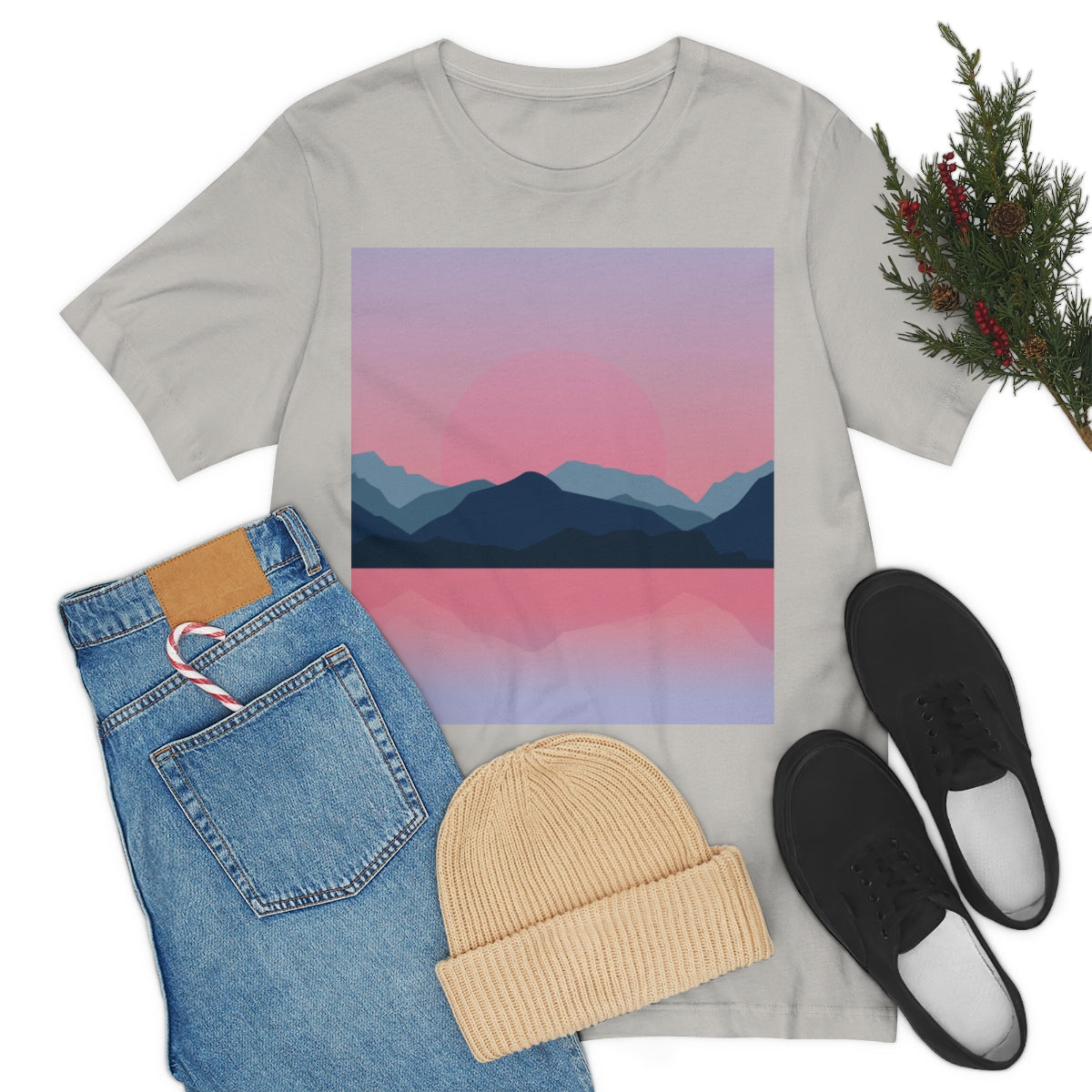 Landscape Mountains Nature Watercolor Sunset Water Unisex Jersey Short Sleeve T-Shirt Ichaku [Perfect Gifts Selection]