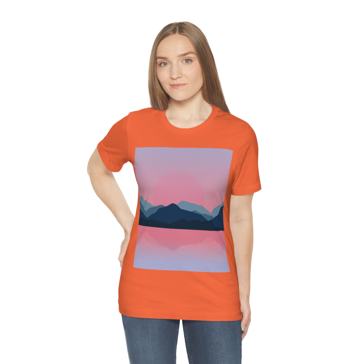 Landscape Mountains Nature Watercolor Sunset Water Unisex Jersey Short Sleeve T-Shirt Ichaku [Perfect Gifts Selection]