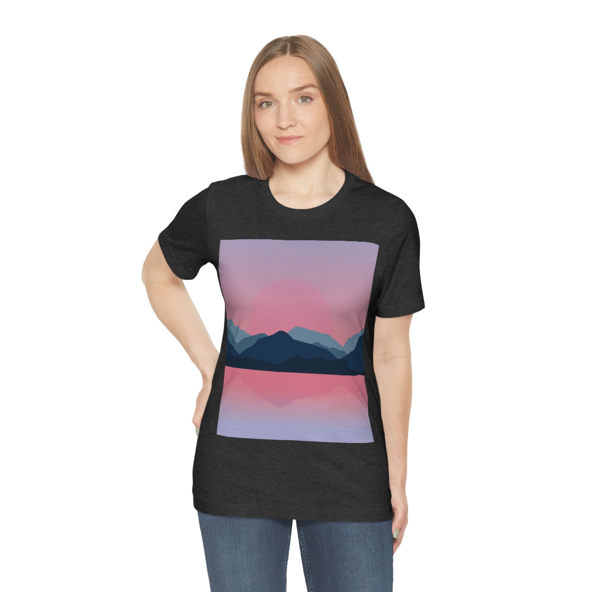 Landscape Mountains Nature Watercolor Sunset Water Unisex Jersey Short Sleeve T-Shirt Ichaku [Perfect Gifts Selection]