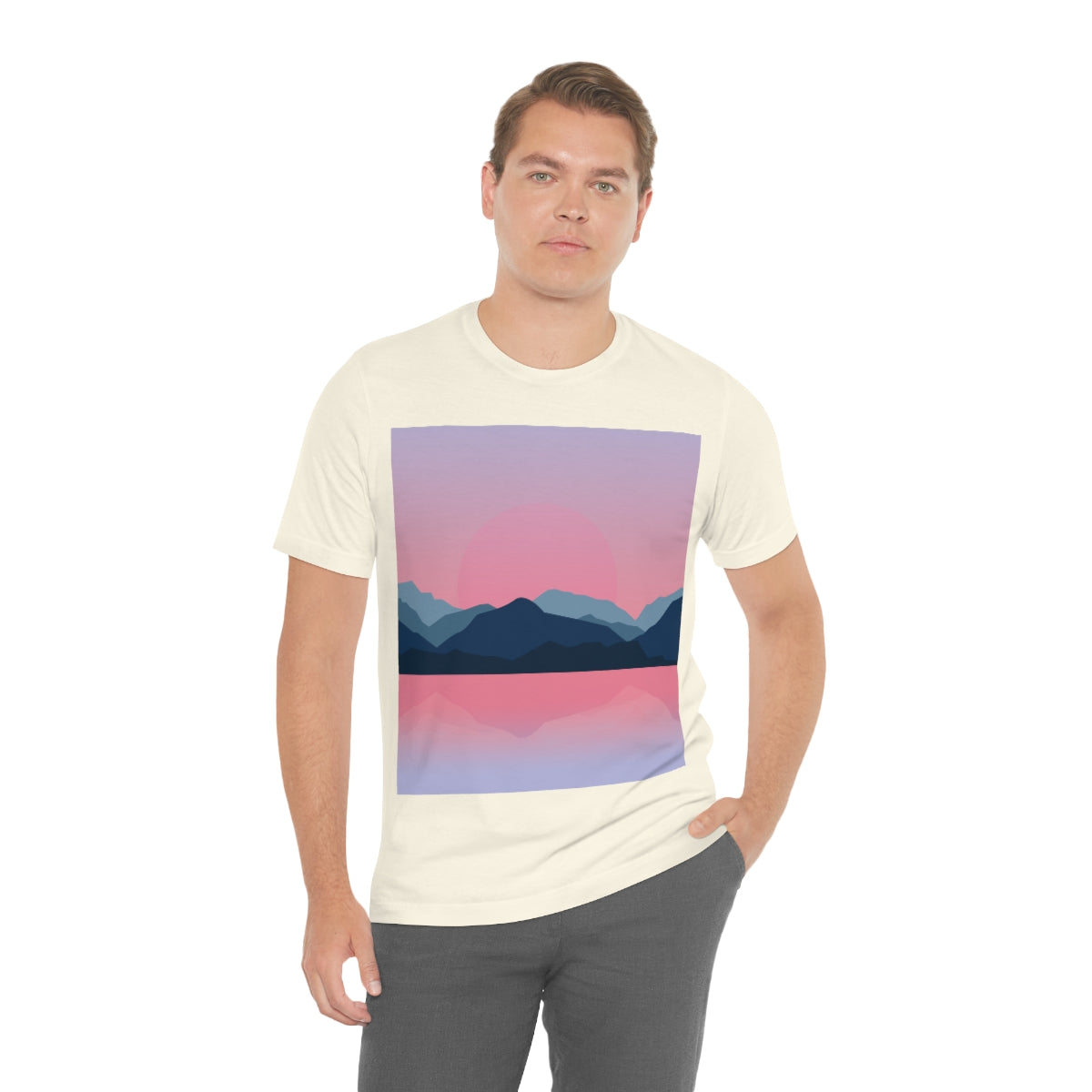 Landscape Mountains Nature Watercolor Sunset Water Unisex Jersey Short Sleeve T-Shirt Ichaku [Perfect Gifts Selection]