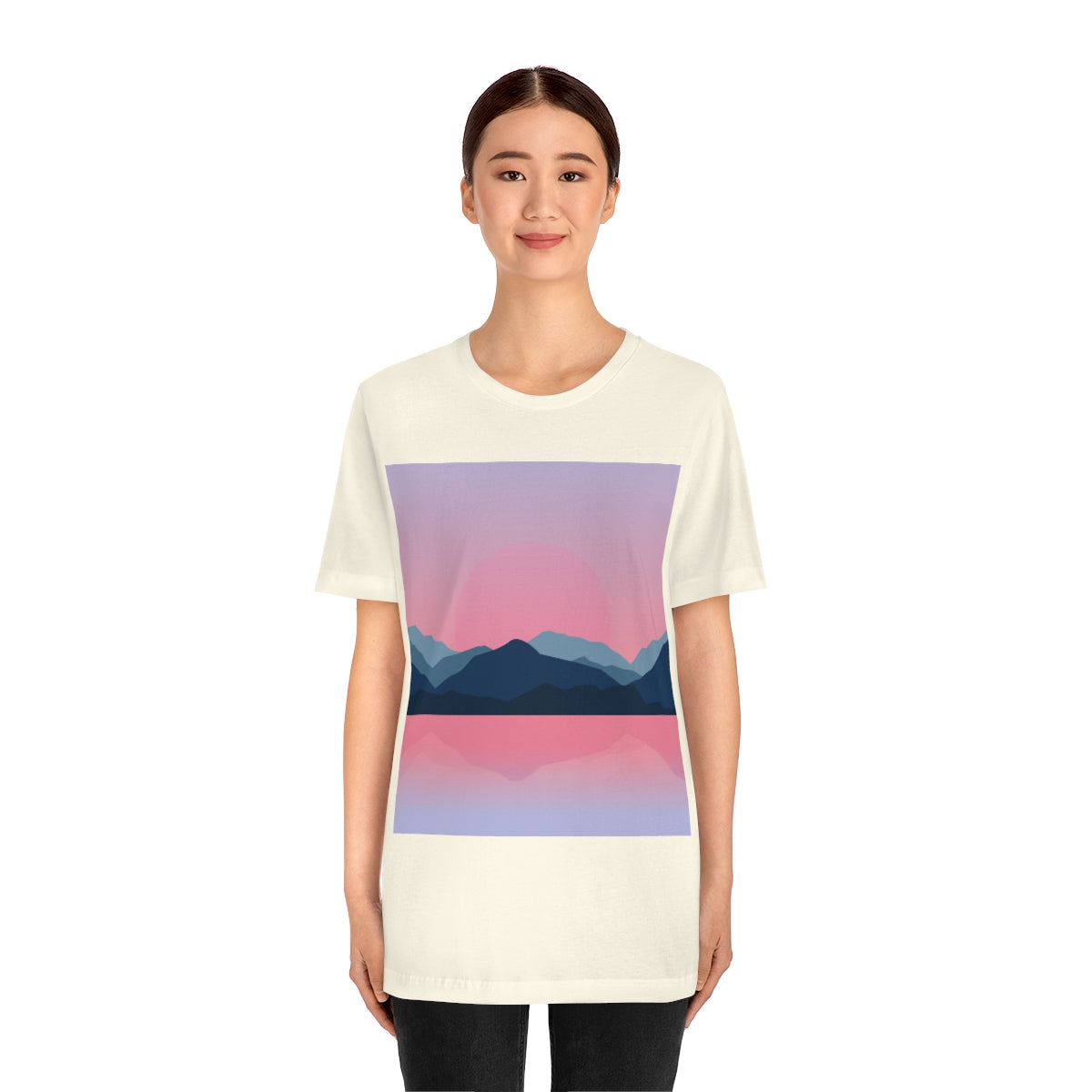 Landscape Mountains Nature Watercolor Sunset Water Unisex Jersey Short Sleeve T-Shirt Ichaku [Perfect Gifts Selection]