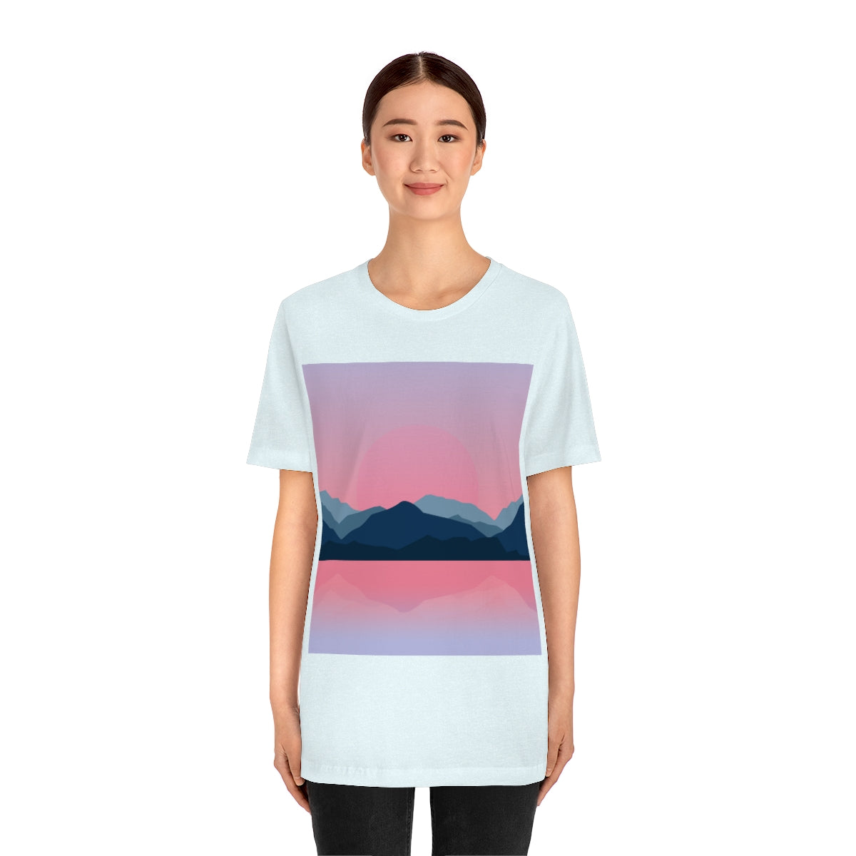 Landscape Mountains Nature Watercolor Sunset Water Unisex Jersey Short Sleeve T-Shirt Ichaku [Perfect Gifts Selection]