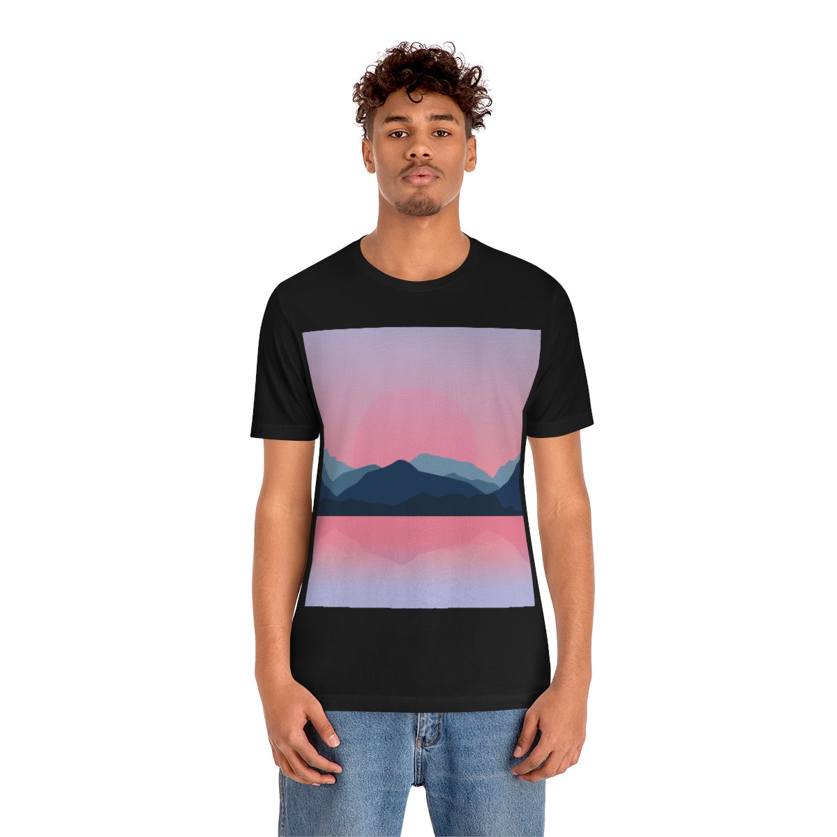 Landscape Mountains Nature Watercolor Sunset Water Unisex Jersey Short Sleeve T-Shirt Ichaku [Perfect Gifts Selection]