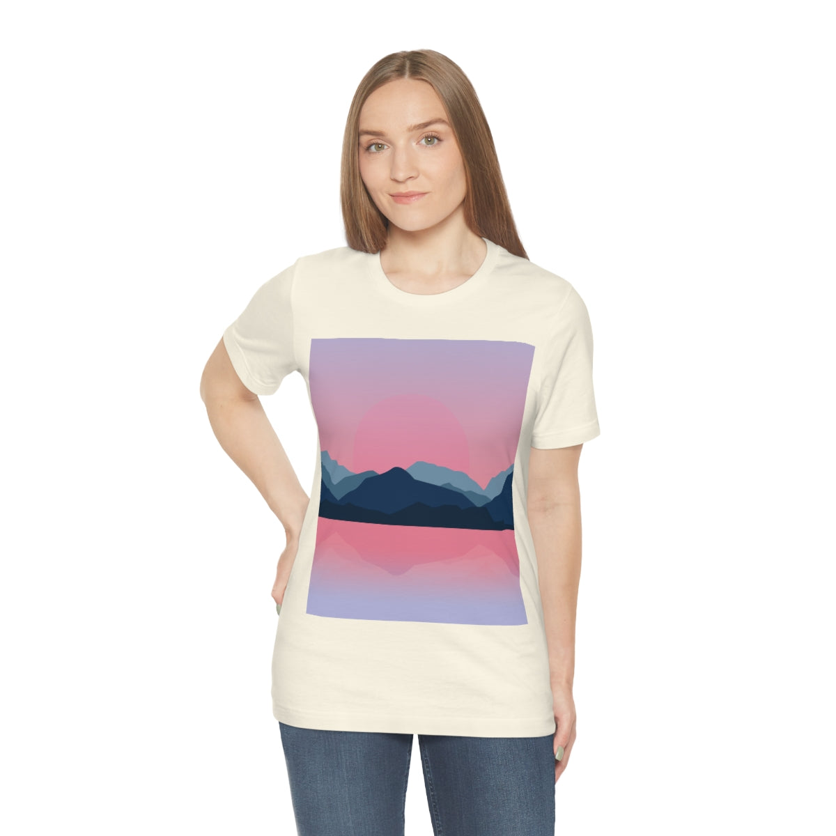 Landscape Mountains Nature Watercolor Sunset Water Unisex Jersey Short Sleeve T-Shirt Ichaku [Perfect Gifts Selection]