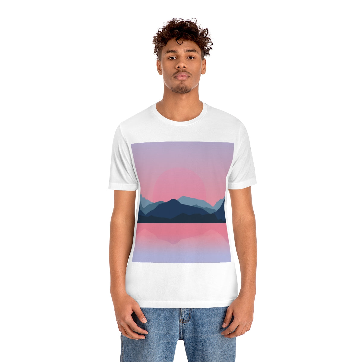 Landscape Mountains Nature Watercolor Sunset Water Unisex Jersey Short Sleeve T-Shirt Ichaku [Perfect Gifts Selection]