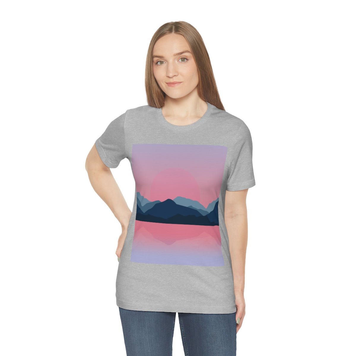 Landscape Mountains Nature Watercolor Sunset Water Unisex Jersey Short Sleeve T-Shirt Ichaku [Perfect Gifts Selection]