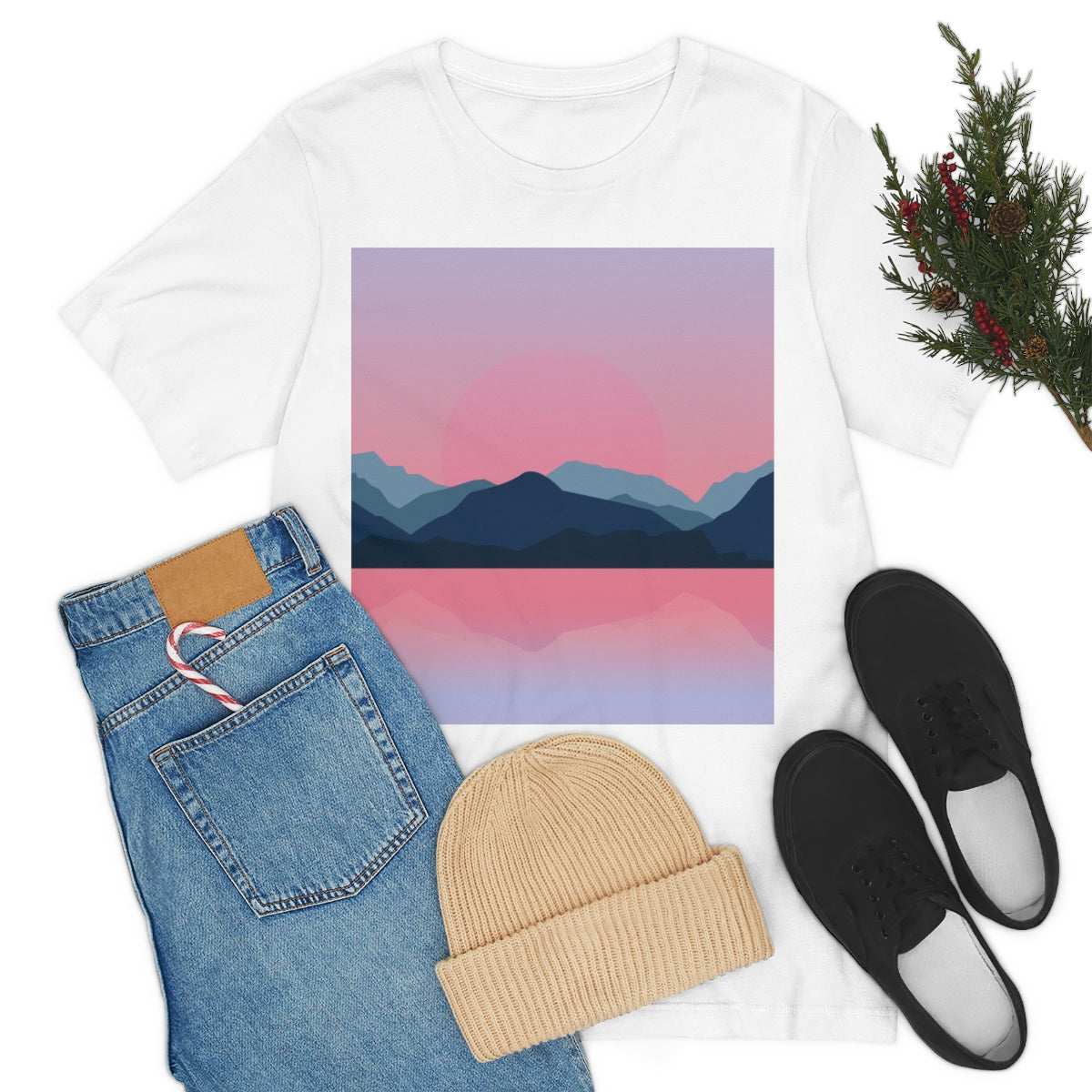 Landscape Mountains Nature Watercolor Sunset Water Unisex Jersey Short Sleeve T-Shirt Ichaku [Perfect Gifts Selection]