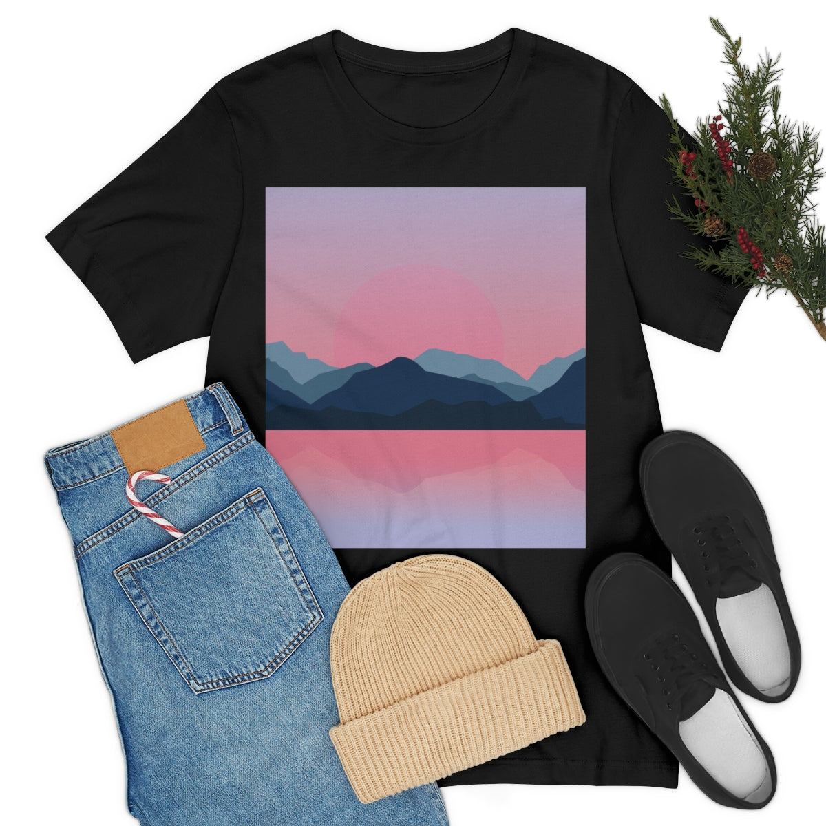 Landscape Mountains Nature Watercolor Sunset Water Unisex Jersey Short Sleeve T-Shirt Ichaku [Perfect Gifts Selection]