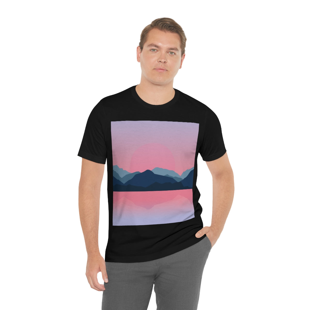 Landscape Mountains Nature Watercolor Sunset Water Unisex Jersey Short Sleeve T-Shirt Ichaku [Perfect Gifts Selection]