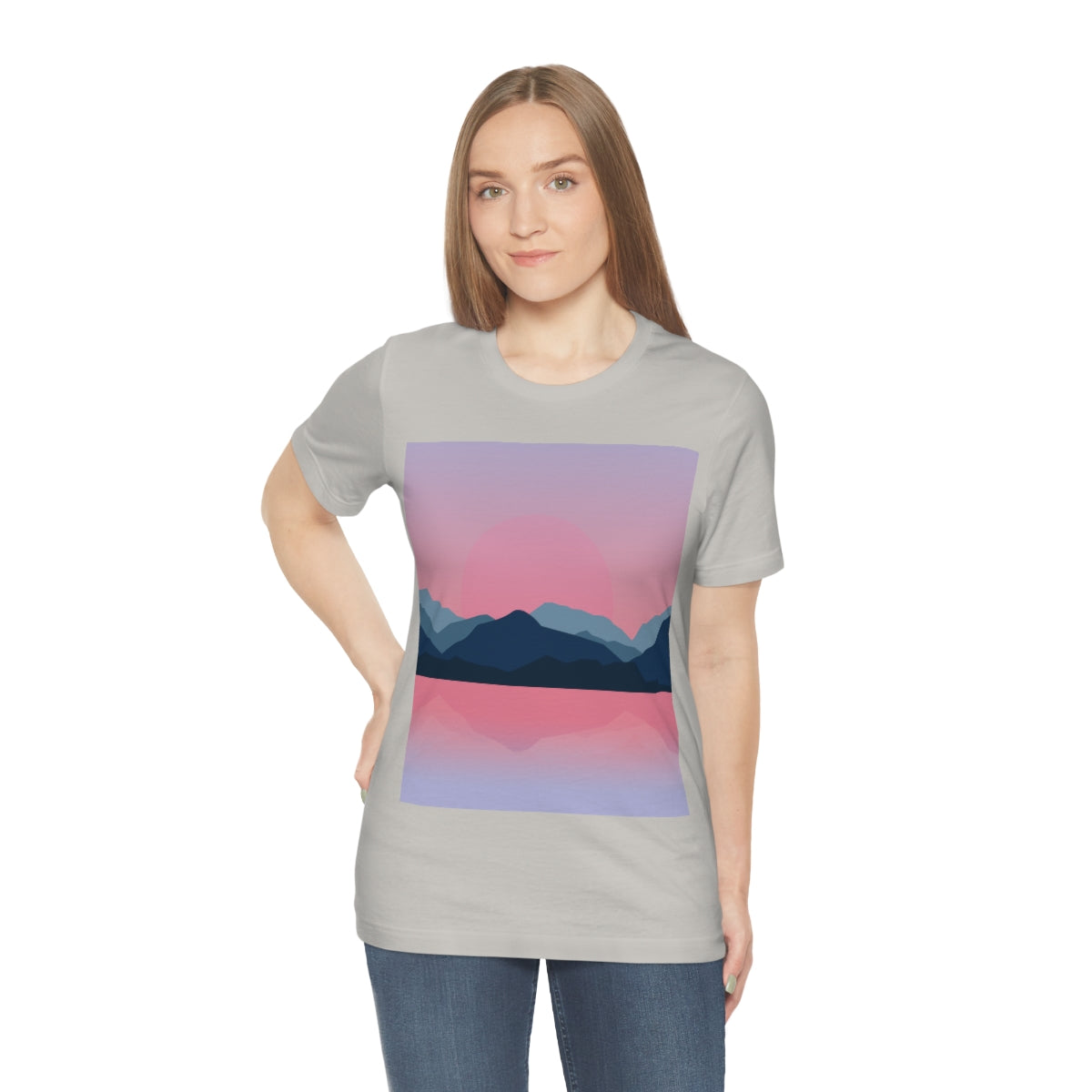 Landscape Mountains Nature Watercolor Sunset Water Unisex Jersey Short Sleeve T-Shirt Ichaku [Perfect Gifts Selection]