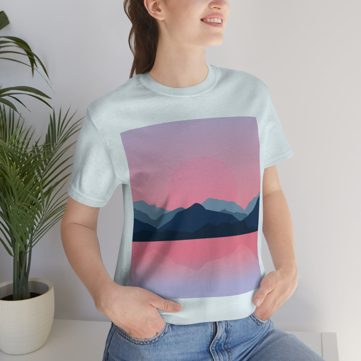 Landscape Mountains Nature Watercolor Sunset Water Unisex Jersey Short Sleeve T-Shirt Ichaku [Perfect Gifts Selection]