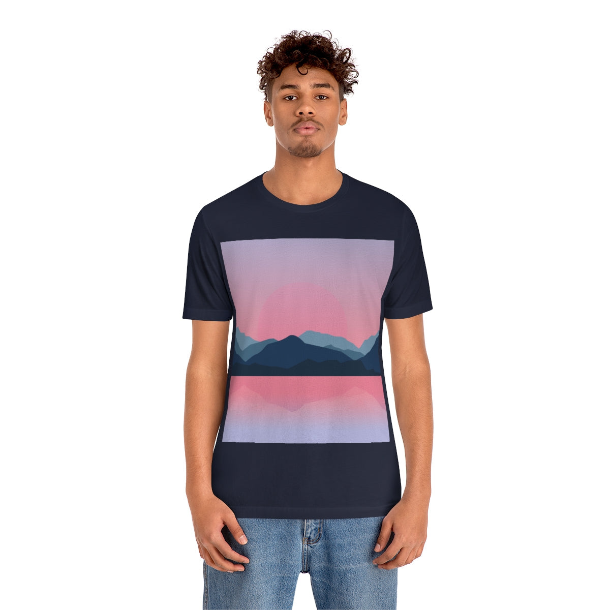 Landscape Mountains Nature Watercolor Sunset Water Unisex Jersey Short Sleeve T-Shirt Ichaku [Perfect Gifts Selection]