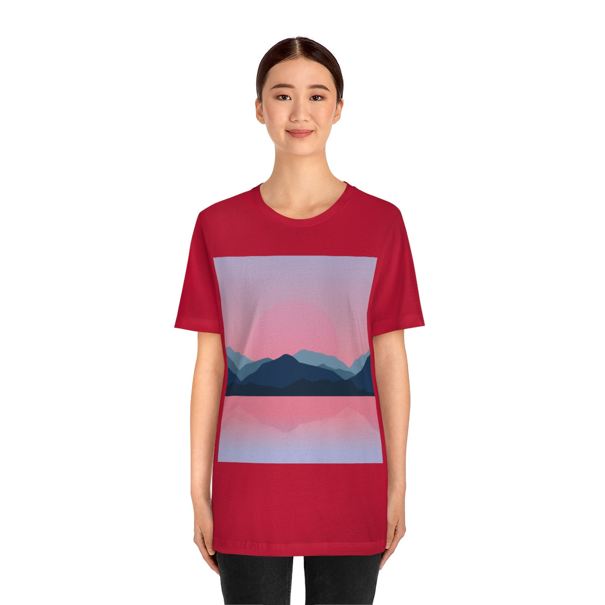 Landscape Mountains Nature Watercolor Sunset Water Unisex Jersey Short Sleeve T-Shirt Ichaku [Perfect Gifts Selection]