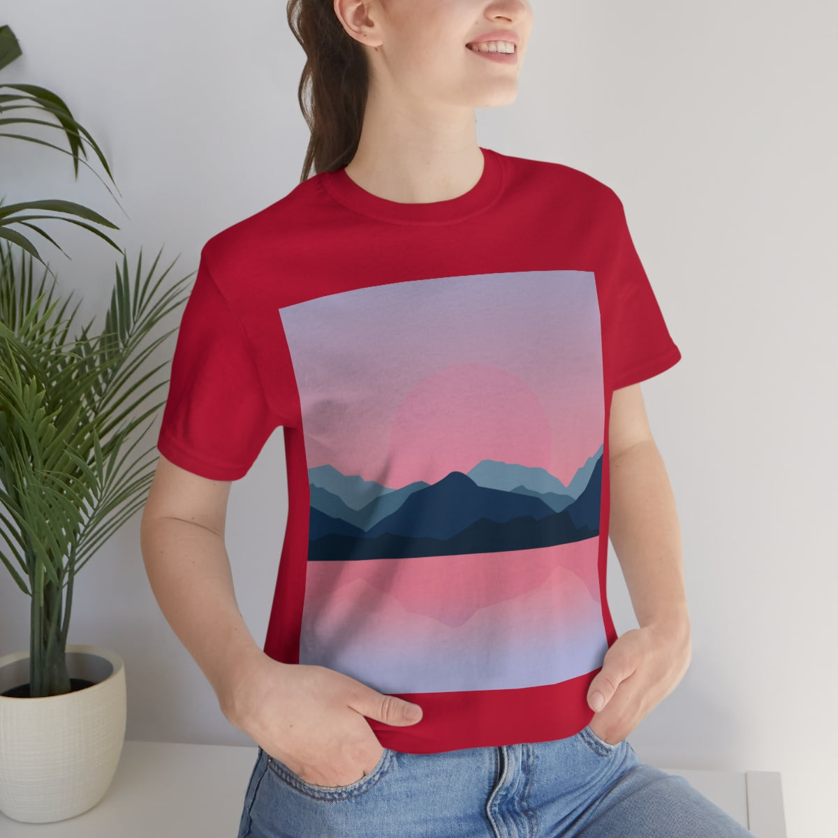 Landscape Mountains Nature Watercolor Sunset Water Unisex Jersey Short Sleeve T-Shirt Ichaku [Perfect Gifts Selection]