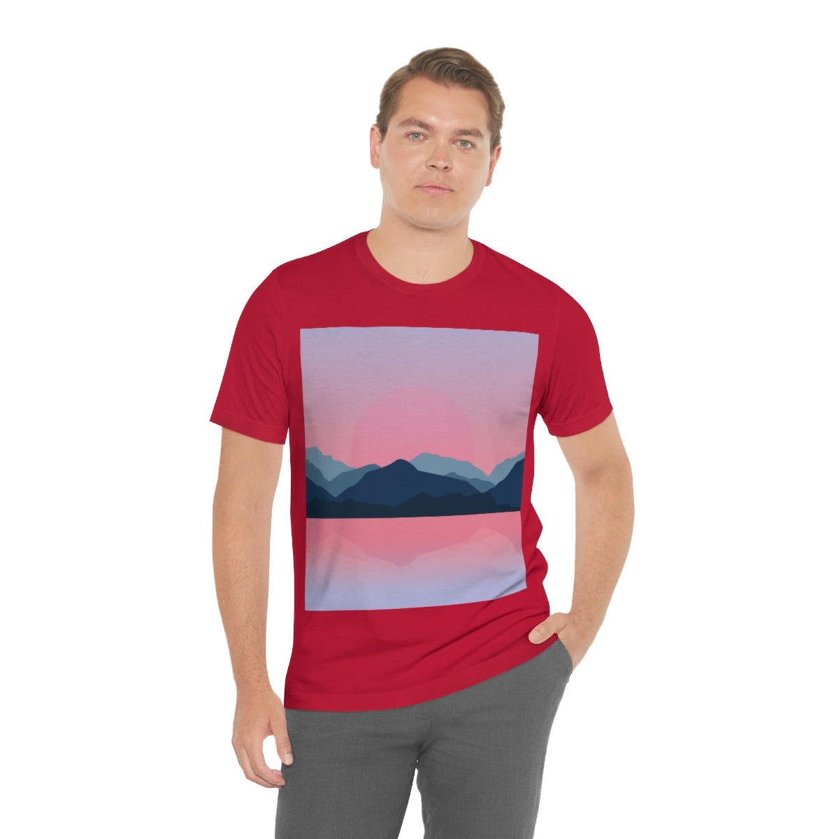 Landscape Mountains Nature Watercolor Sunset Water Unisex Jersey Short Sleeve T-Shirt Ichaku [Perfect Gifts Selection]