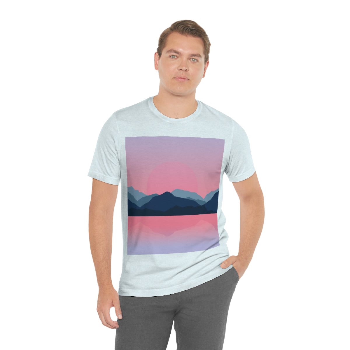 Landscape Mountains Nature Watercolor Sunset Water Unisex Jersey Short Sleeve T-Shirt Ichaku [Perfect Gifts Selection]