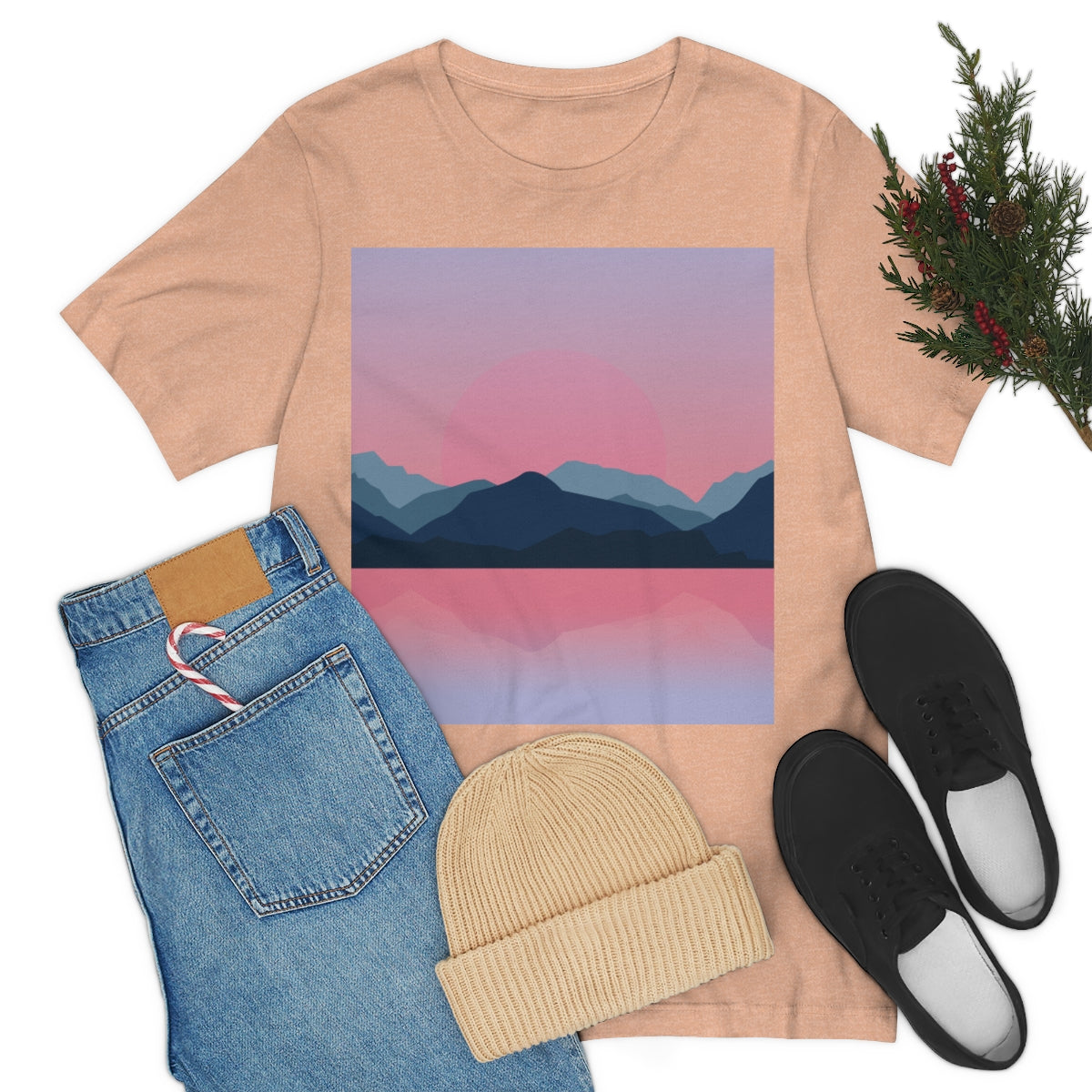 Landscape Mountains Nature Watercolor Sunset Water Unisex Jersey Short Sleeve T-Shirt Ichaku [Perfect Gifts Selection]