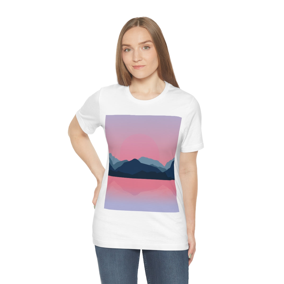 Landscape Mountains Nature Watercolor Sunset Water Unisex Jersey Short Sleeve T-Shirt Ichaku [Perfect Gifts Selection]