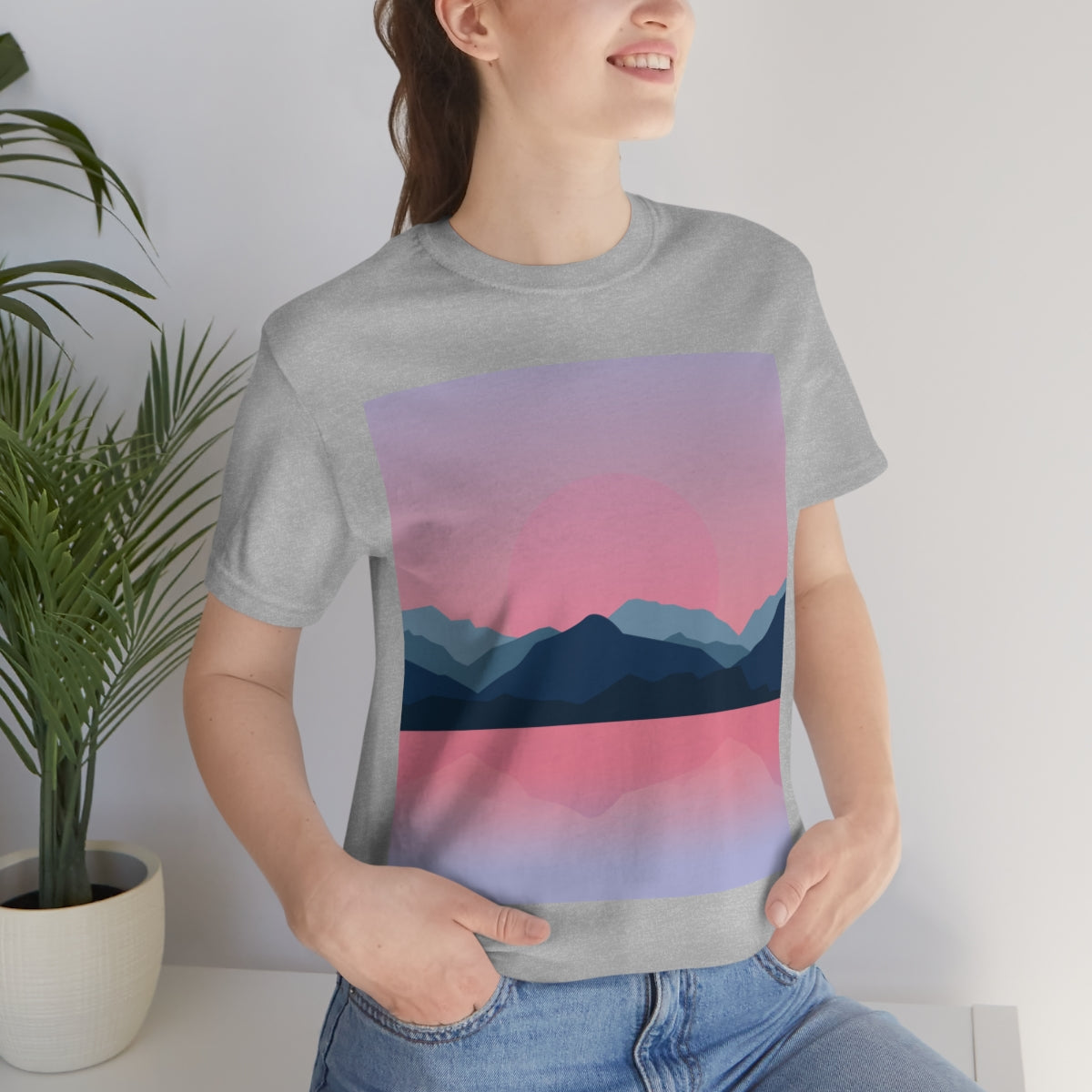 Landscape Mountains Nature Watercolor Sunset Water Unisex Jersey Short Sleeve T-Shirt Ichaku [Perfect Gifts Selection]