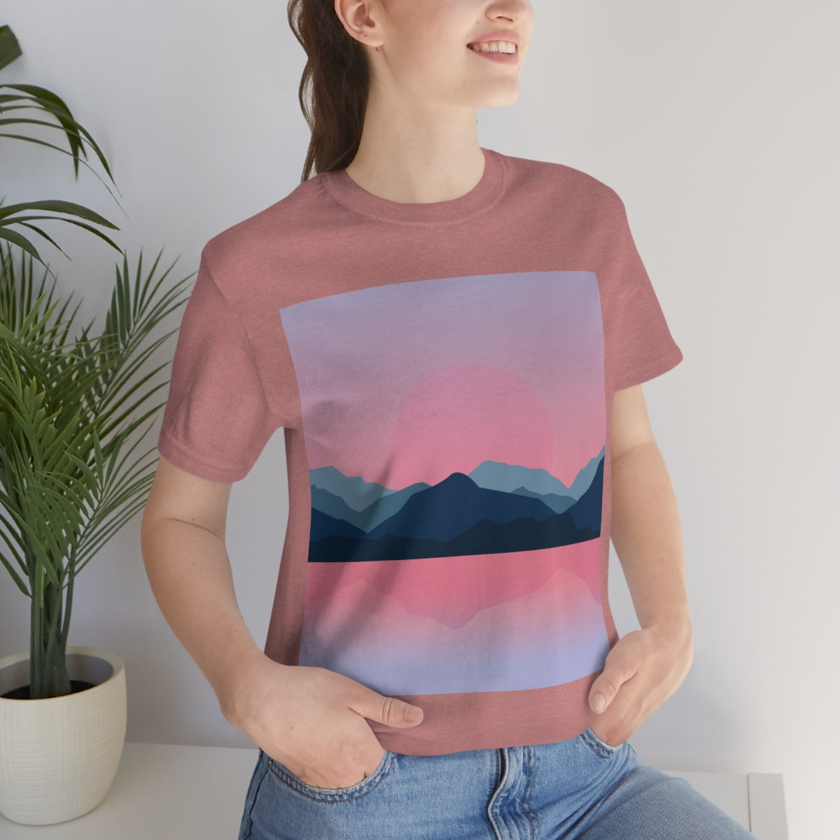 Landscape Mountains Nature Watercolor Sunset Water Unisex Jersey Short Sleeve T-Shirt Ichaku [Perfect Gifts Selection]