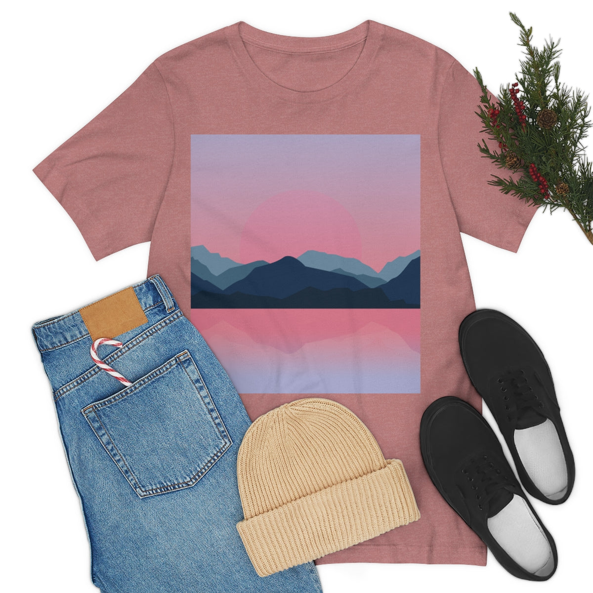 Landscape Mountains Nature Watercolor Sunset Water Unisex Jersey Short Sleeve T-Shirt Ichaku [Perfect Gifts Selection]