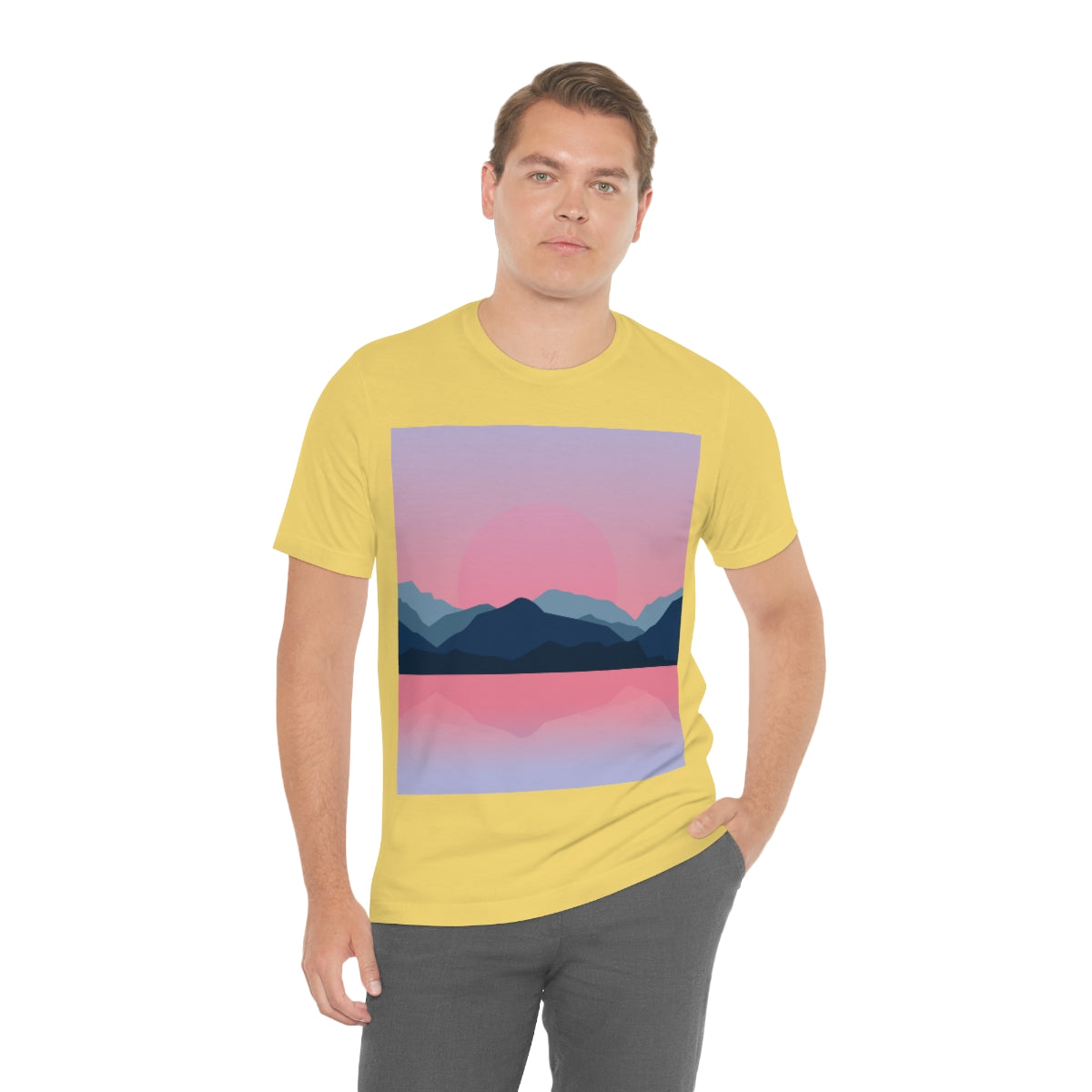 Landscape Mountains Nature Watercolor Sunset Water Unisex Jersey Short Sleeve T-Shirt Ichaku [Perfect Gifts Selection]