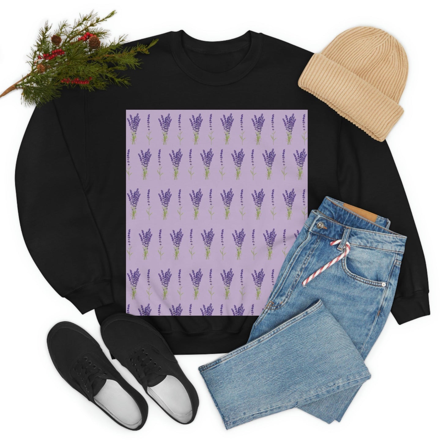 Lavender Aesthetic Pastel Purple Flowers Provence France Minimalist Art Unisex Heavy Blend™ Crewneck Sweatshirt Ichaku [Perfect Gifts Selection]