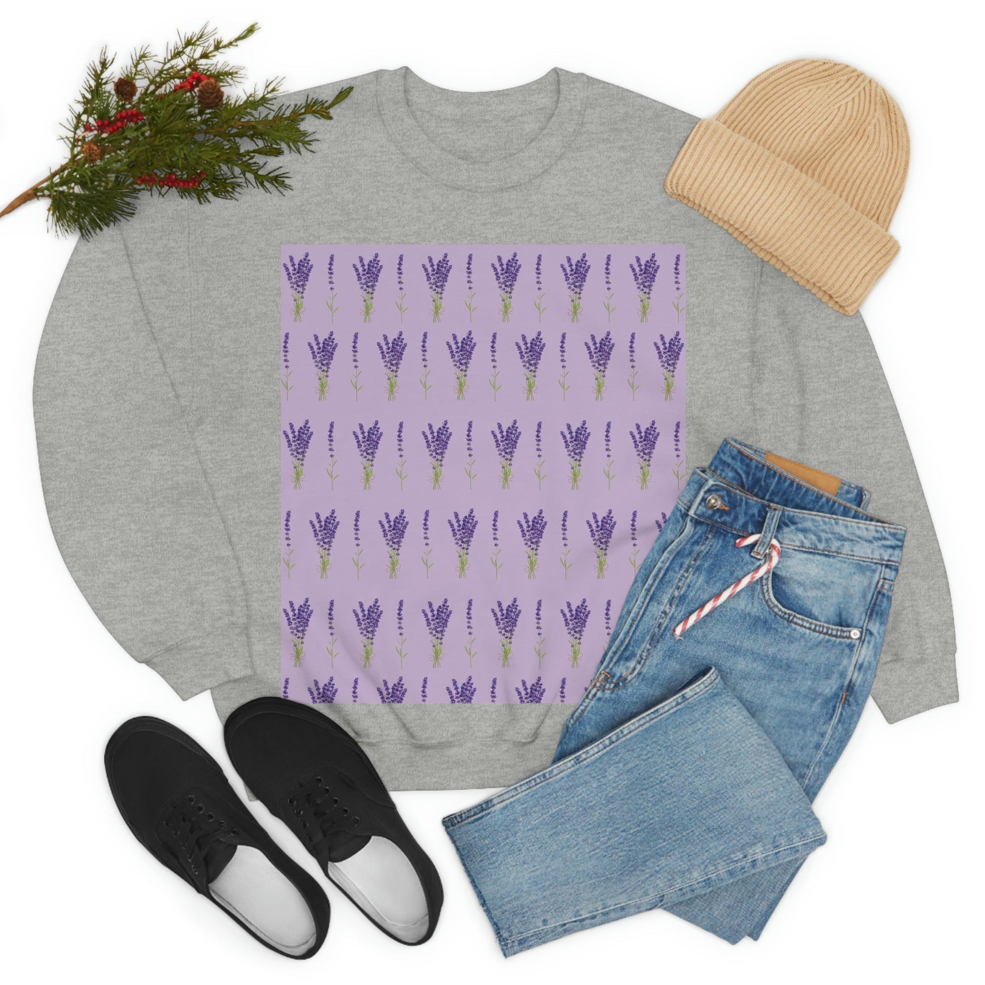 Lavender Aesthetic Pastel Purple Flowers Provence France Minimalist Art Unisex Heavy Blend™ Crewneck Sweatshirt Ichaku [Perfect Gifts Selection]