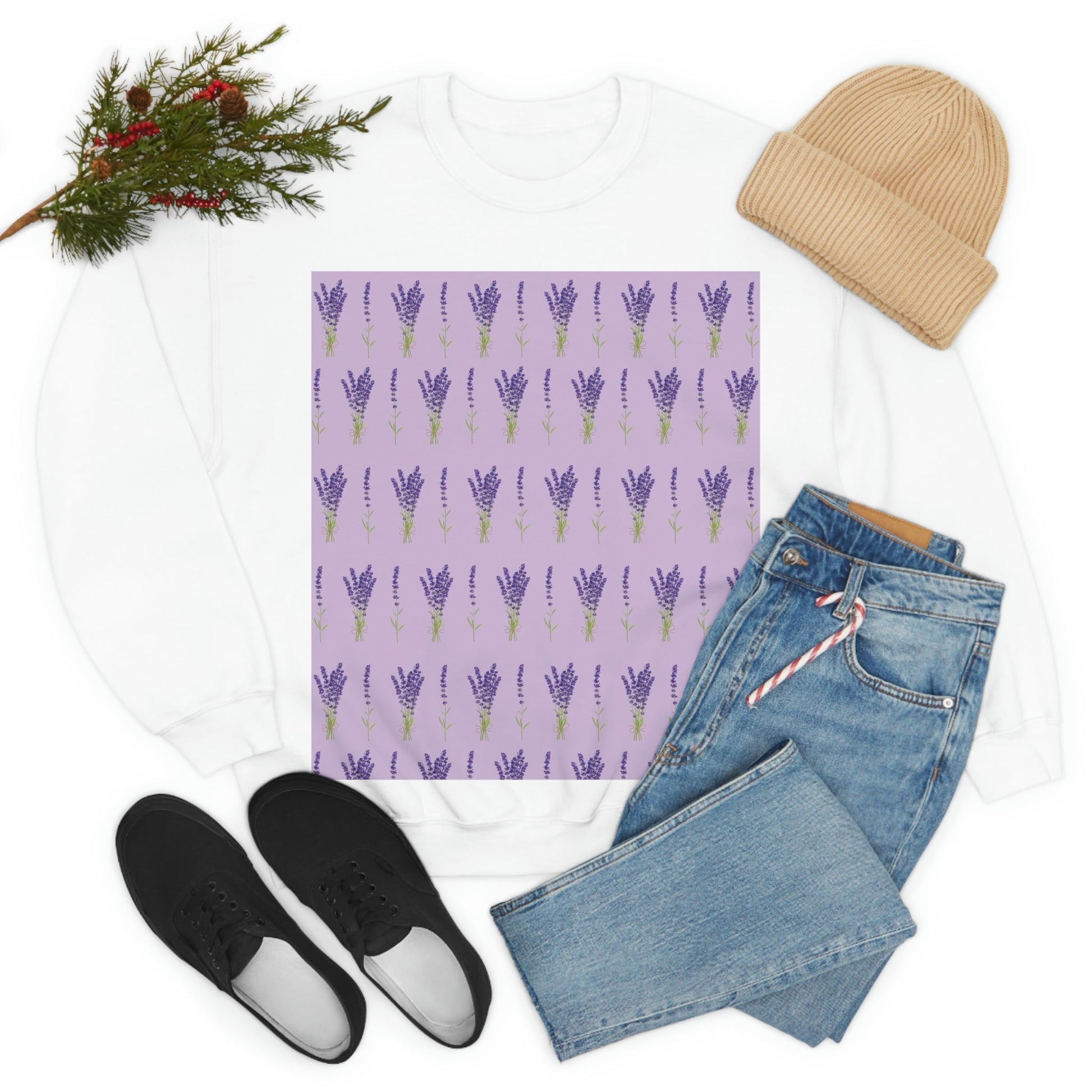 Lavender Aesthetic Pastel Purple Flowers Provence France Minimalist Art Unisex Heavy Blend™ Crewneck Sweatshirt Ichaku [Perfect Gifts Selection]