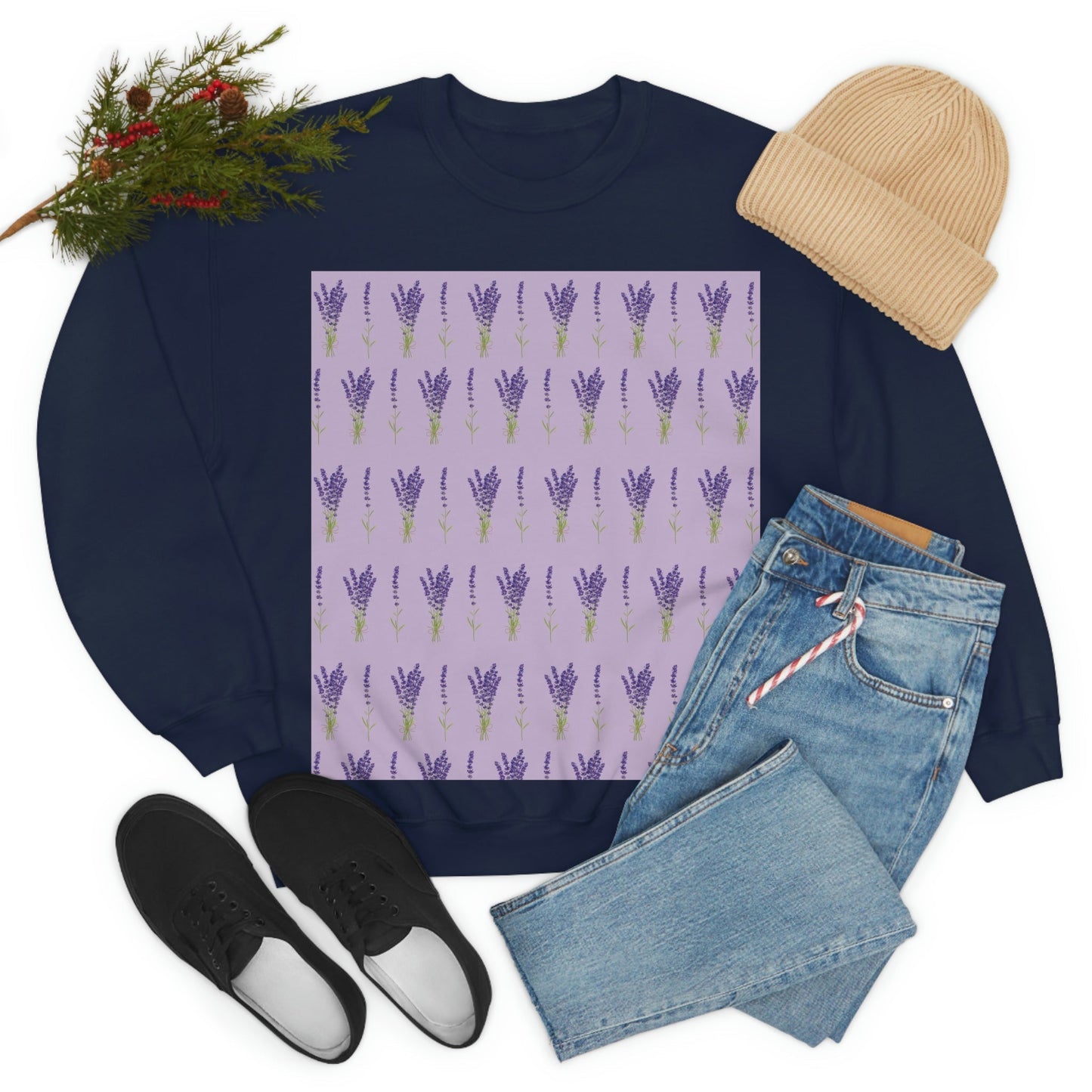 Lavender Aesthetic Pastel Purple Flowers Provence France Minimalist Art Unisex Heavy Blend™ Crewneck Sweatshirt Ichaku [Perfect Gifts Selection]