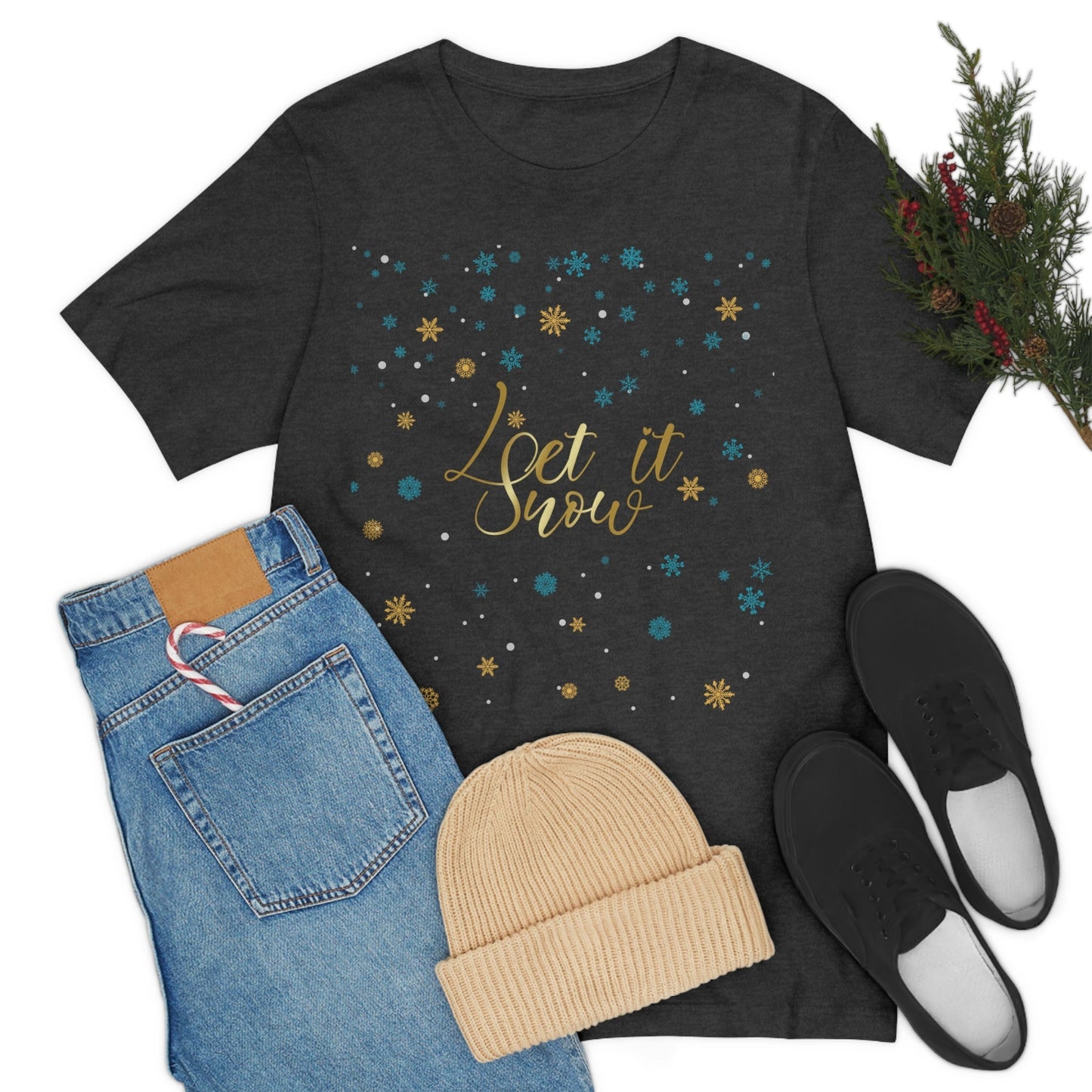 Let it Snow Pattern Christmas Typography Unisex Jersey Short Sleeve T-Shirt Ichaku [Perfect Gifts Selection]