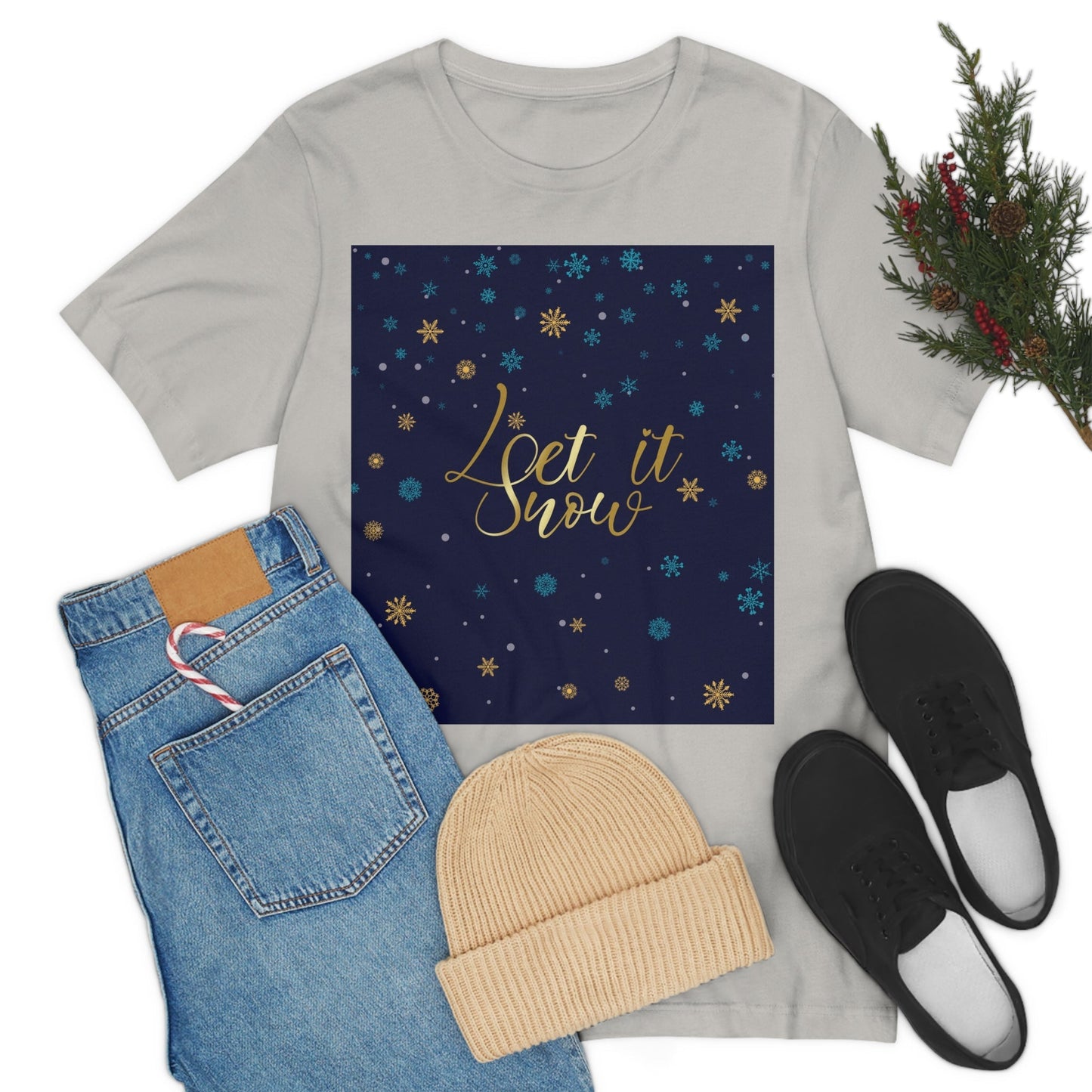 Let it Snow Pattern Christmas Typography Unisex Jersey Short Sleeve T-Shirt Ichaku [Perfect Gifts Selection]