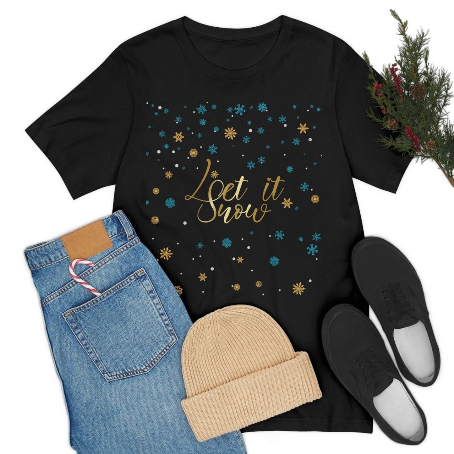 Let it Snow Pattern Christmas Typography Unisex Jersey Short Sleeve T-Shirt Ichaku [Perfect Gifts Selection]