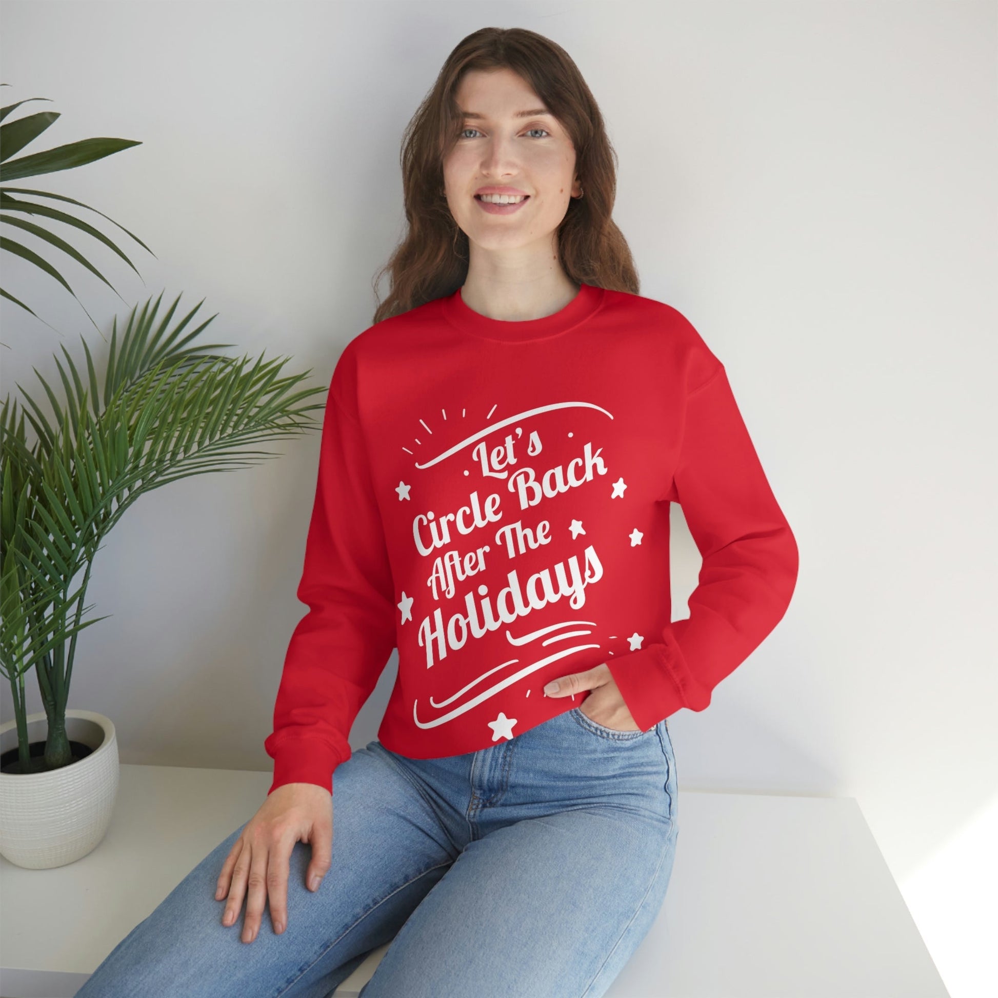 Let`s Circle Back After the Holidays Funny Christmas White Text Unisex Heavy Blend™ Crewneck Sweatshirt Ichaku [Perfect Gifts Selection]