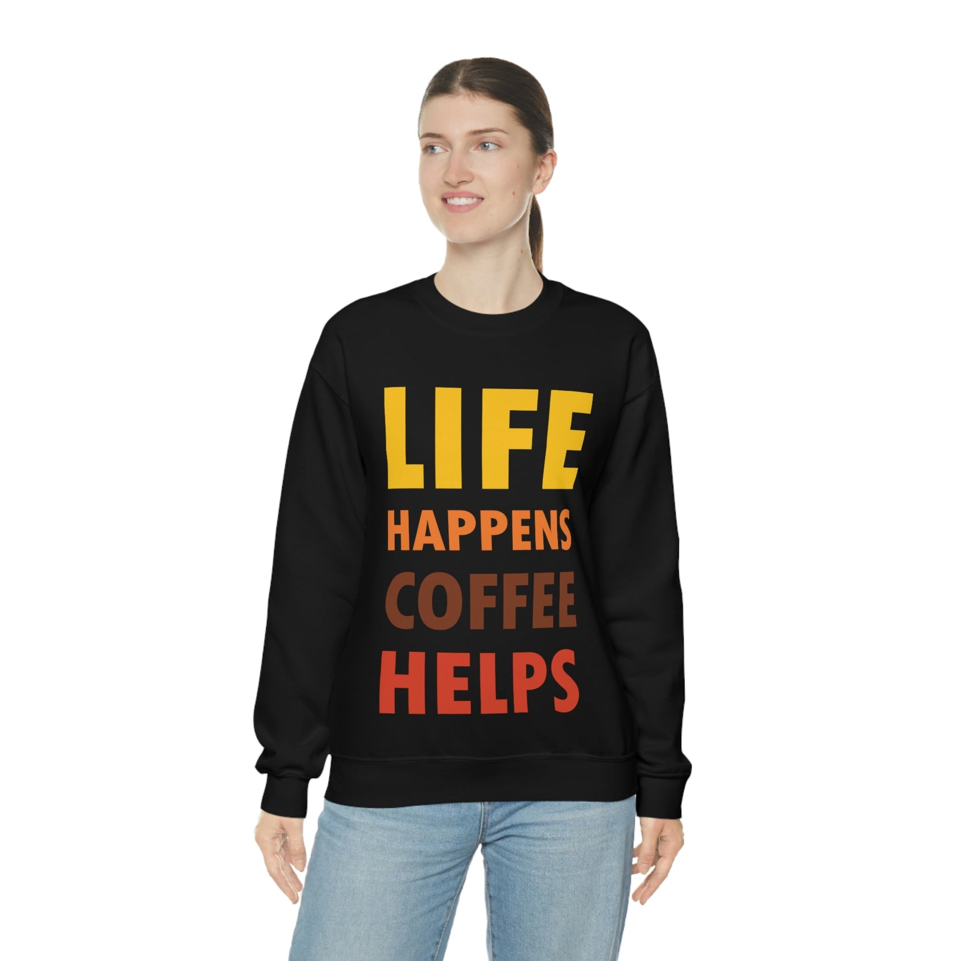 Life Happens Coffee Helps Quotes Caffeine Lover Unisex Heavy Blend™ Crewneck Sweatshirt Ichaku [Perfect Gifts Selection]